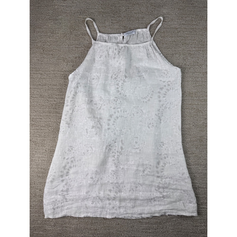 Lungo L'Arno Italy White 100% Linen Floral Sleeveless Halter Top Large L1516B